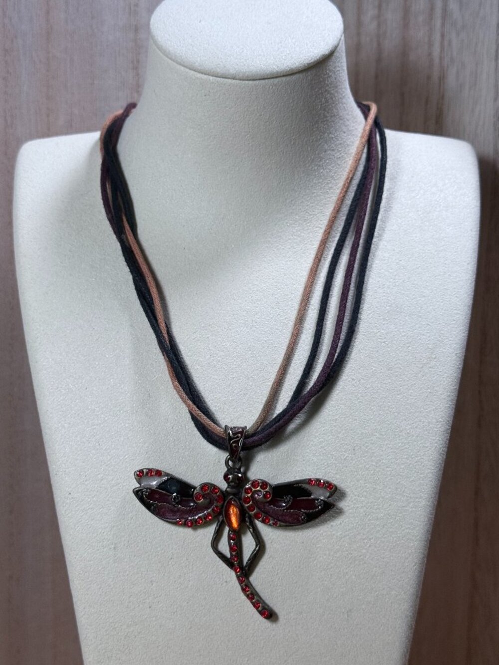 Antiqued Brass Dragonfly Red Crystal Rhinestone Choker Necklace